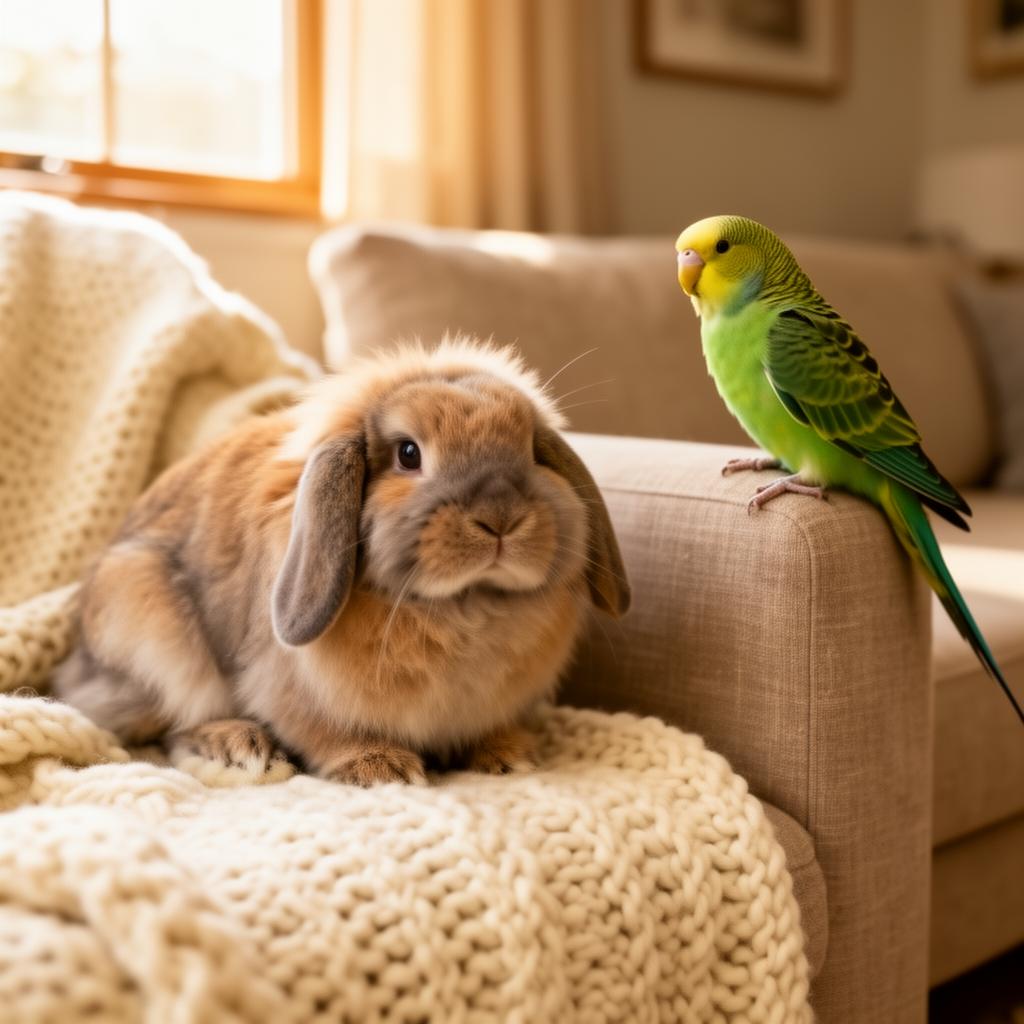 A fluffy bunny and a colorful bird together on a soft blanket