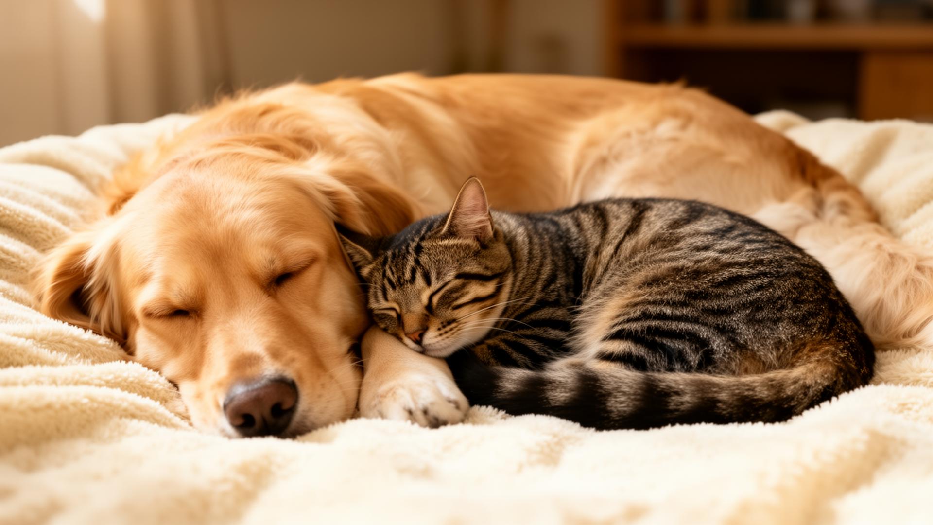 A golden retriever and a tabby cat napping together on a cream blanket