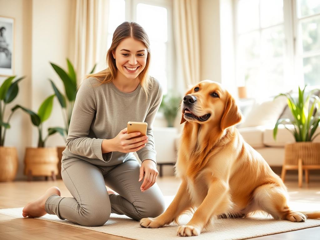 A friendly pet sitter checking in with a happy dog